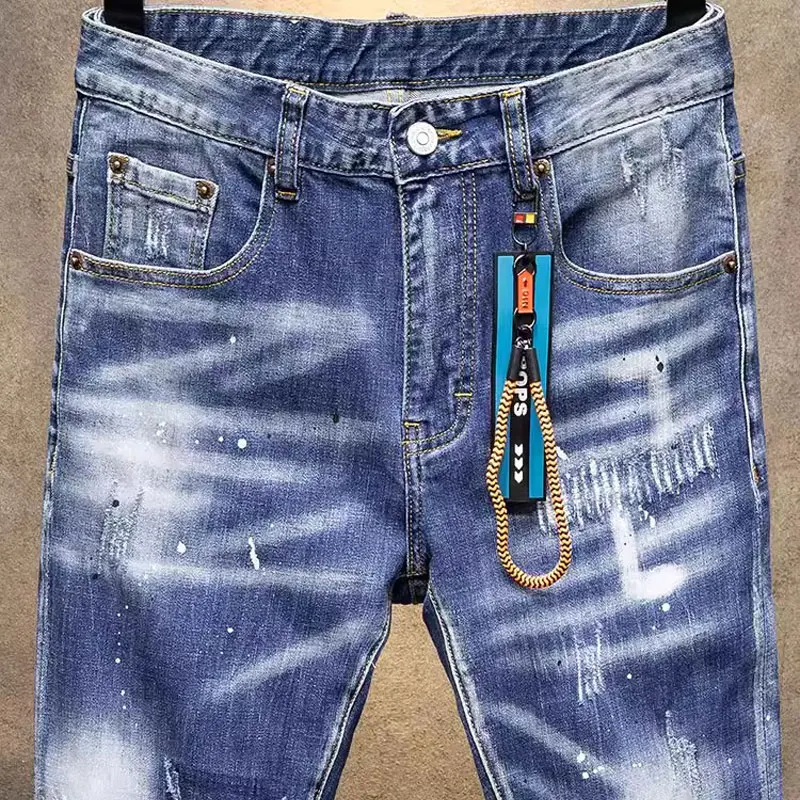 Street Fashion Men Jeans Retro Blue White Washed Stretch Skinny Fit Ripped Jeans Men Vintage Designer Hip Hop Denim Pants Hombre