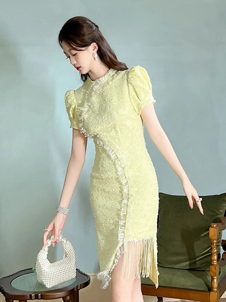 New Summer Fashion Ruffle Tassels Asymmetrical Dress Women Clothes Elegant Retro Puff Sleeve Slim Party Birthday Vestidos Fiesta