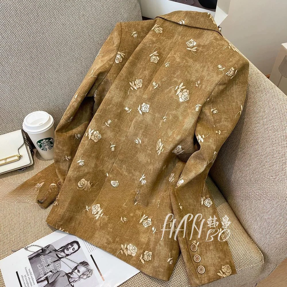 Blazer Wanita Musim Semi dan Gugur 2025 Desain Cetak Mawar Baru Gaya Retro Kasual