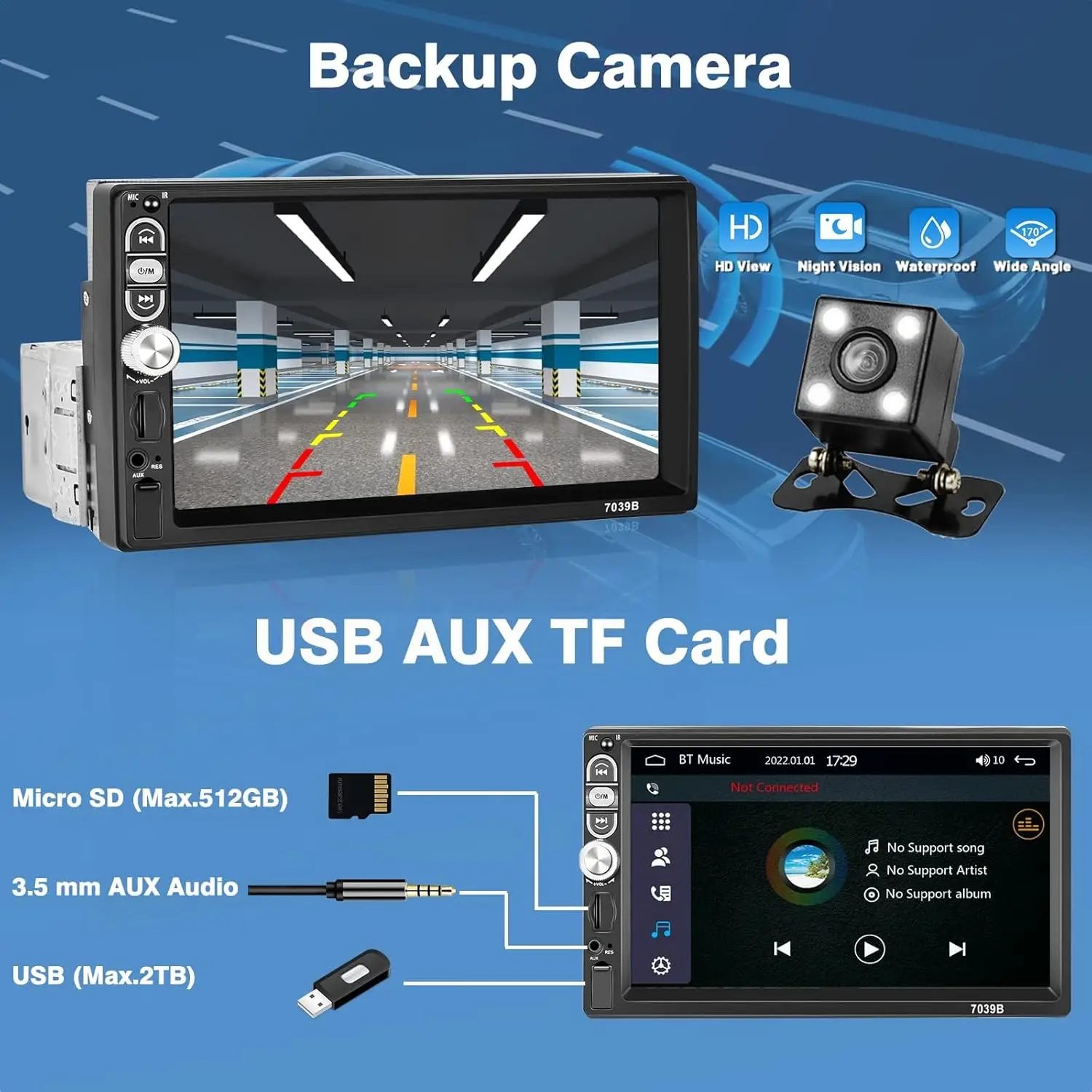 Radio à écran tactile CarPlay Android Auto simple Din de 7 pouces avec Bluetooth 5.1, FM, USB, AUX, TF, SD, SWC, EQ, rétro-éclairage, télécommande, P