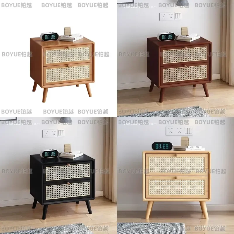 Nordic Rattan Bedside Table Solid Wood Cherry Walnut Mini Nightstand Simple Wooden Locker Silent Design Home Decor