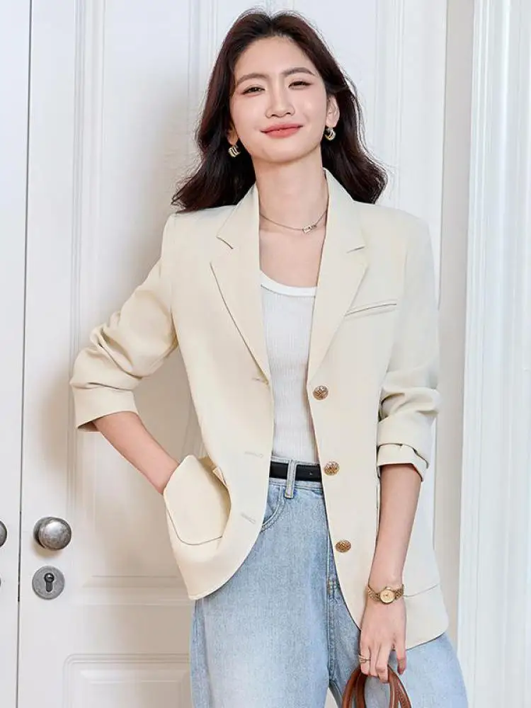 

Женский пиджак в корейском стиле, черный, бежевый, с длинными рукавами, осенне-зимний, коричневый, темпераментный, однобортный, популярный