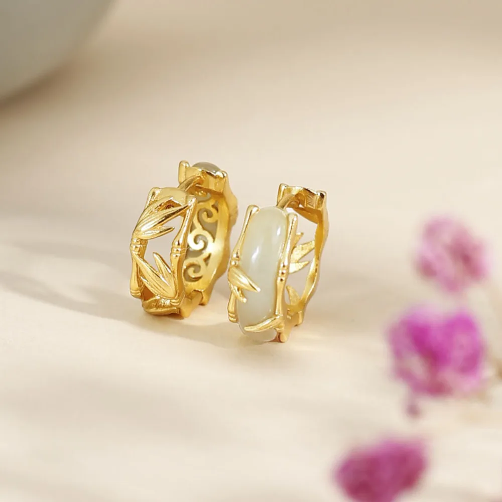 

Серьги GL из чистого серебра с бамбуковым листом и нефритом Хэтиан - элегантные, воздушные ретро-серьги с нефритовыми бамбуковыми элементами для Ханьфу, идеальный подарок