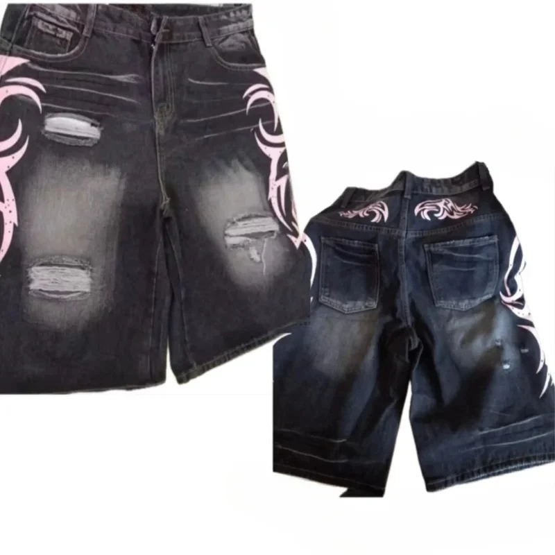 European American cow pants pink striped shorts men's Y2K high street style casual loose couple washing trendy hot girl style