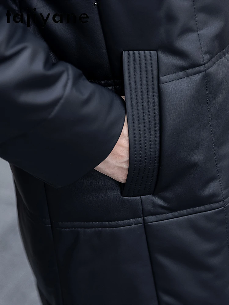 TAJIYANE 100% جلد الغنم بطة أسفل معطف أسود حقيقي جلدية سترة منفوخة النساء مع الثعلب الفراء طوق الملابس الشتوية 2025 doblianка
