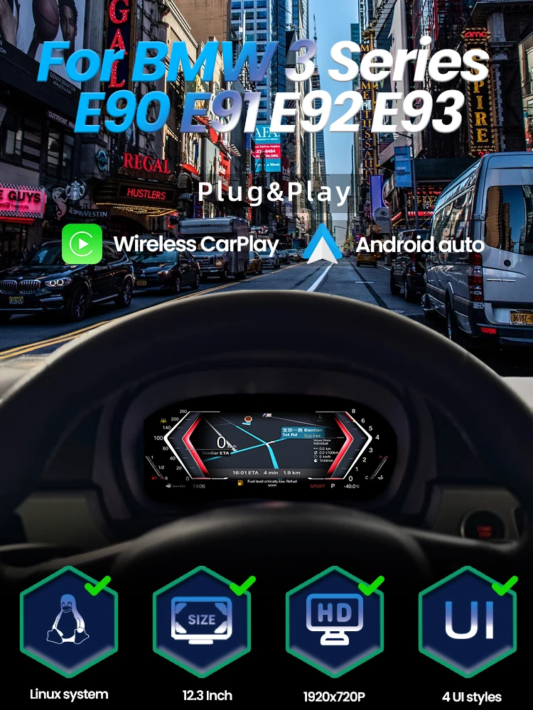 BONROAD 1920*720P Draadloze Carplay Android Mirroring Digitale Instrumentenpaneel Voor BMW E90 E91E92 Dashboard Snelheidsmeter Display - afbeelding 2