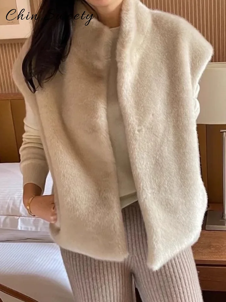 

Уличные женские водолазки, пушистые жилеты, свободные однотонные женские жилеты без рукавов, осень-зима 2022, женские роскошные топы на бретелях, новинка