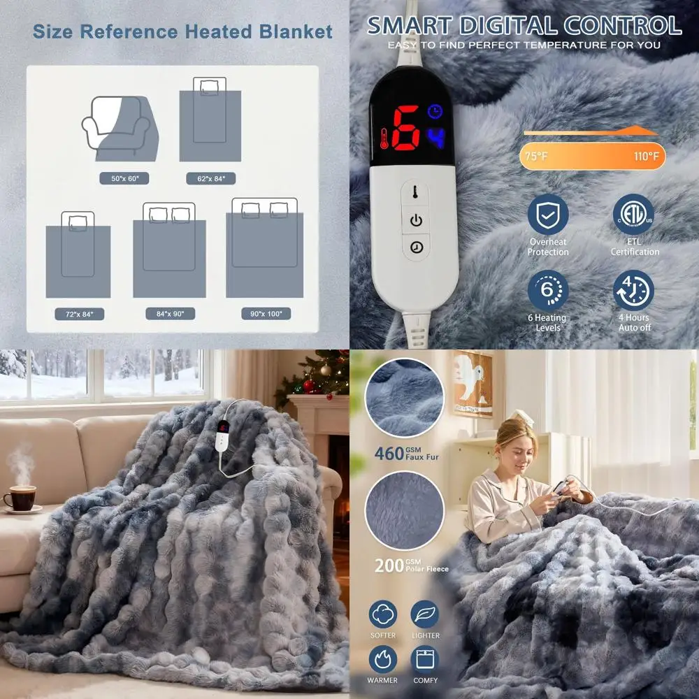 

Dual-Control Electric Blanket with 6 Heat Levels, Auto-Off, Washable, 50x60 Black/Gray