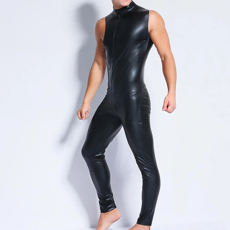 Men Undershirts PU Leather PVC Jumpsuits Bodybuilding Leotrad Sleeveless Wrestling Singlets Bodysuits Latex Playsuits Clubwear