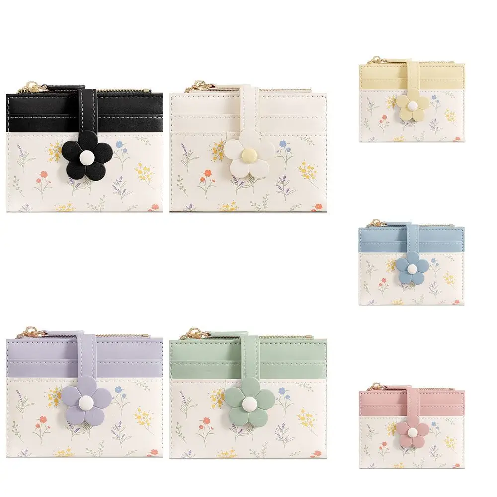 Flowers Printed Mini Coin Purse Multi-Cards Slot Zipper Women's Short Wallet Portable PU Leather Small Card Bag Key Protector