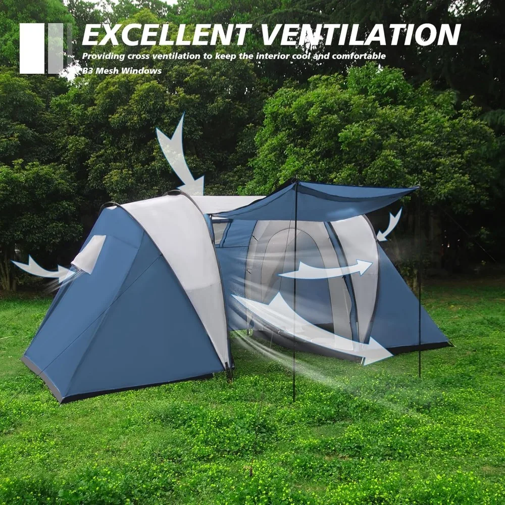 Family-Sized Weather-Resistant 2-4 Person Camping Tent with Porch and Rainfly, Easy Setup Dual-Room Shelter