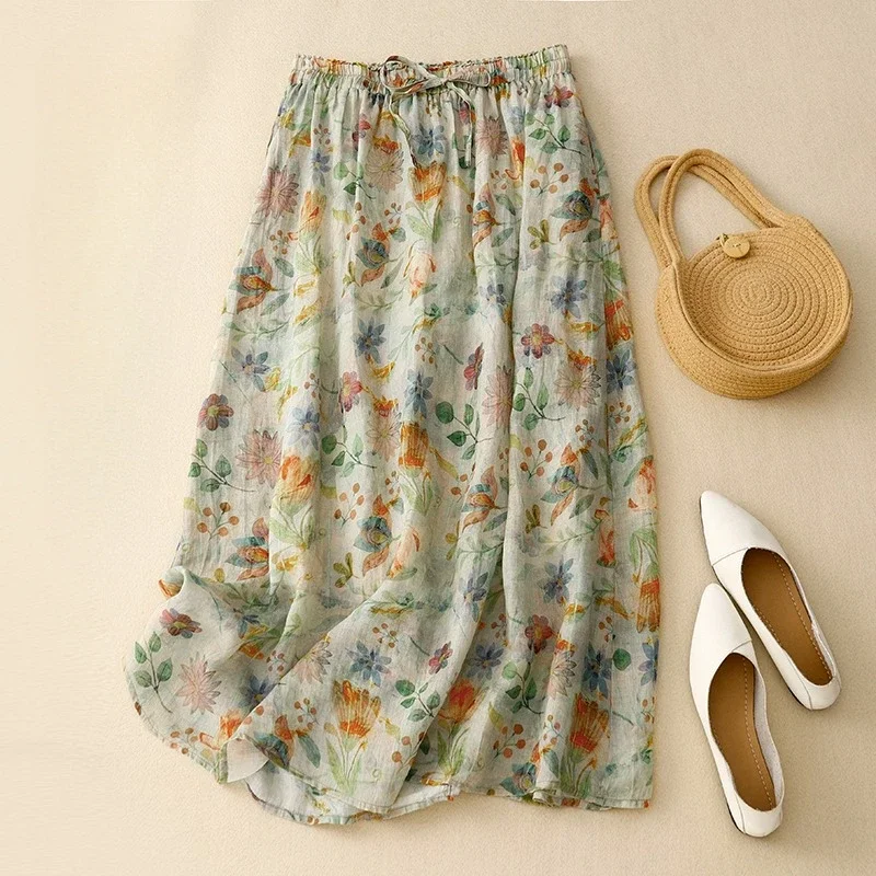 Vintage Women Skirts New Spring/summer Cotton Linen High Waist Loose Printed Chinese Style Skirt A-LINE Clothing