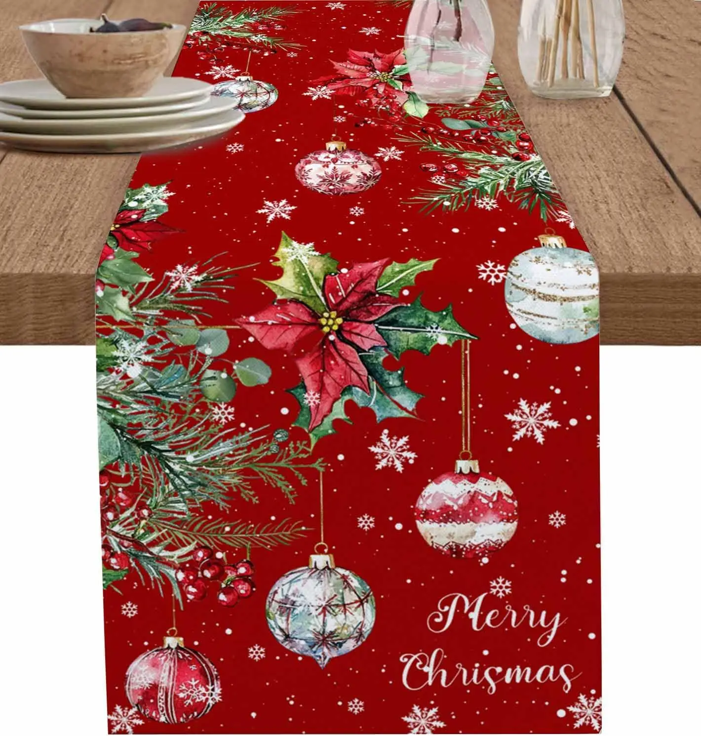 Christmas Poinsettia Xmas Ball Linen Table Runner Wedding Party Decor Reusable Kitchen Dining Table Runner Christmas Decorations