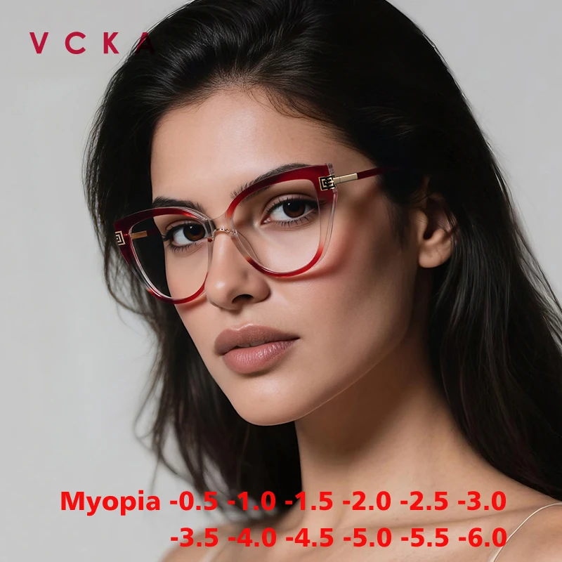 

VCKA High quality Cat's eye Myopia Glasses Frame Fashion Women TR90 Anti-blue Light Custom Prescription Eyewear -0.50 TO -6.0