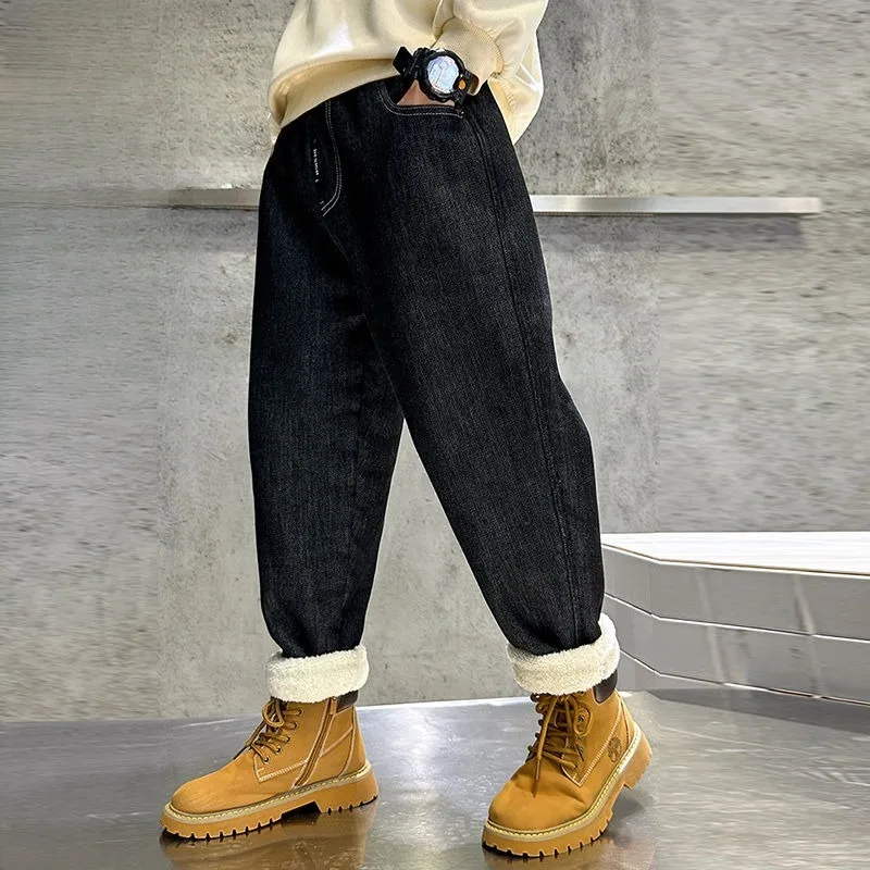 

Джинсы на флисовой подкладке для мальчиков, термозимние штаны, утепленные кашемировые длинные штаны для всего тела для маленьких мальчиков, уличная зимняя одежда