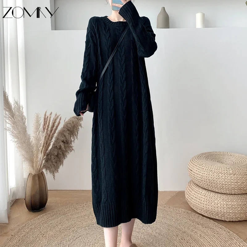 ZOMRY Autumn Winter New Twist Knitting Sweater Dress Korean Solid Color O-neck Loose Casual Fashion Warm Clothing Plus Size M XL