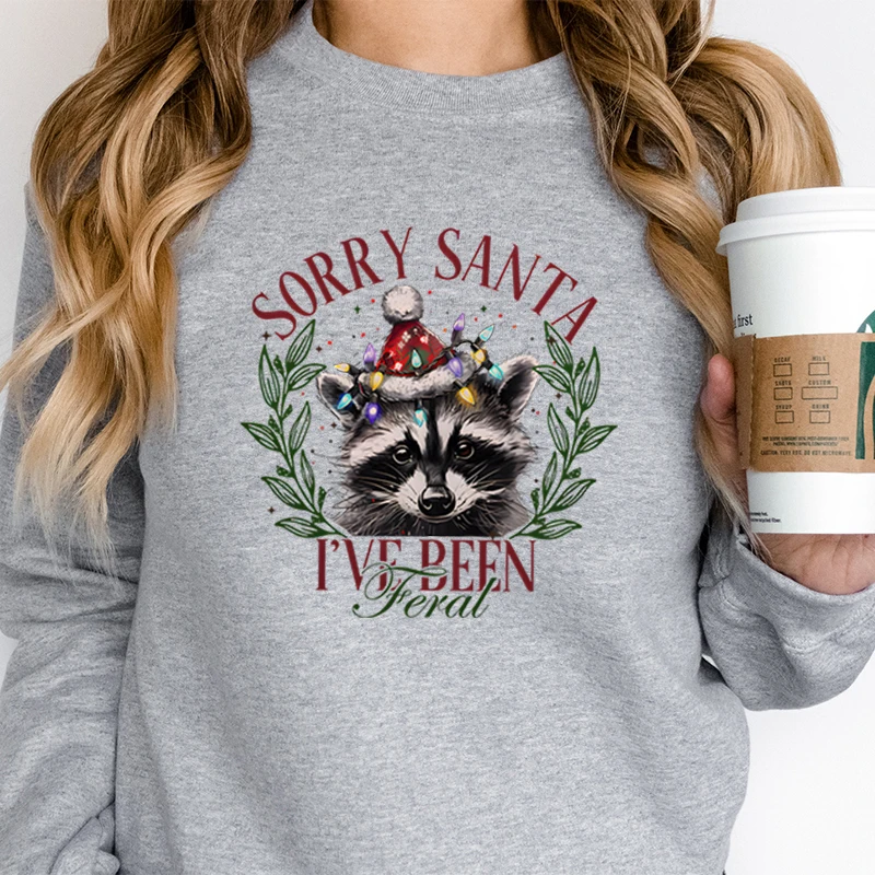 Christmas Retro Raccoon Trending Sweatshirts for Women Santa Raccoon Lover Gift Hoodies Sorry Santa I've Been Feral Sweatshirt