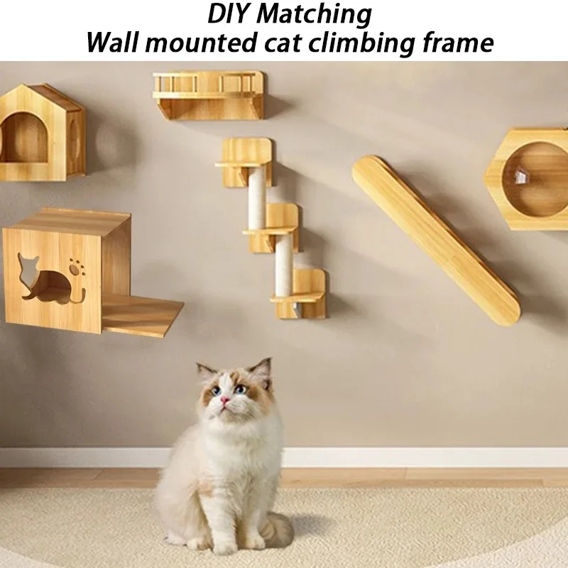 

Wall Mounted Cat Climbing Frame DIY Free Combination Cat Scratching Post Pine Wood Scratchers Cats Hiding House Pet Supplies