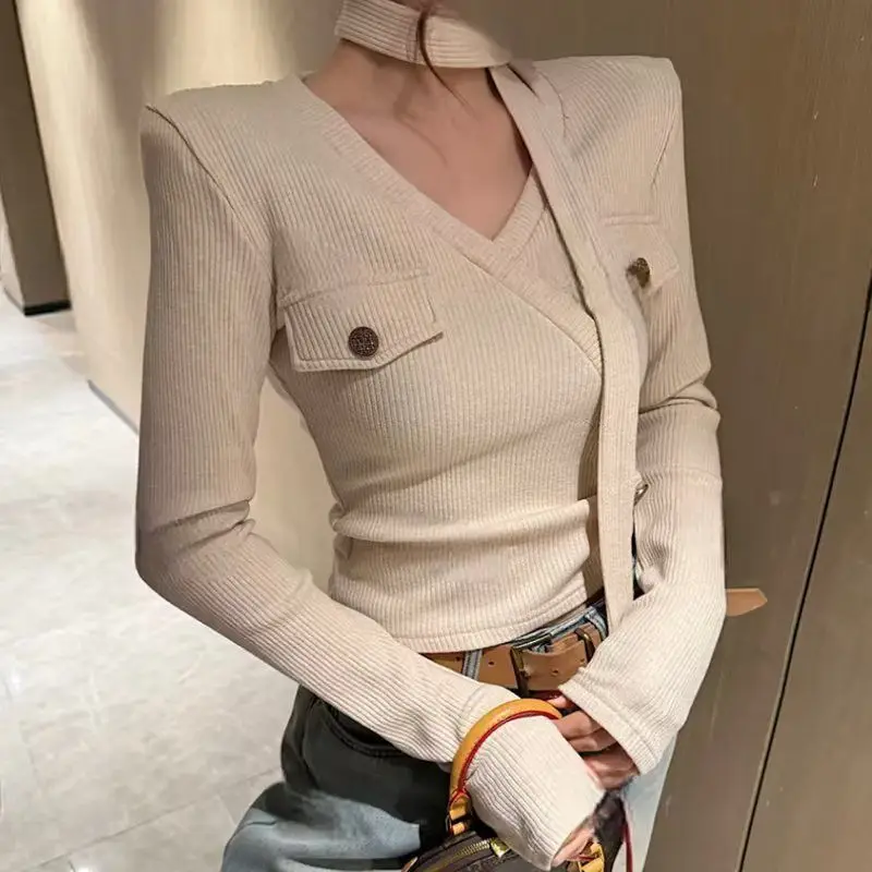 V-neck Streamer Autumn Winter New Pure Lust Hottie Style Halterneck Long-sleeved T-slim Slim Top Bottoming Shirt