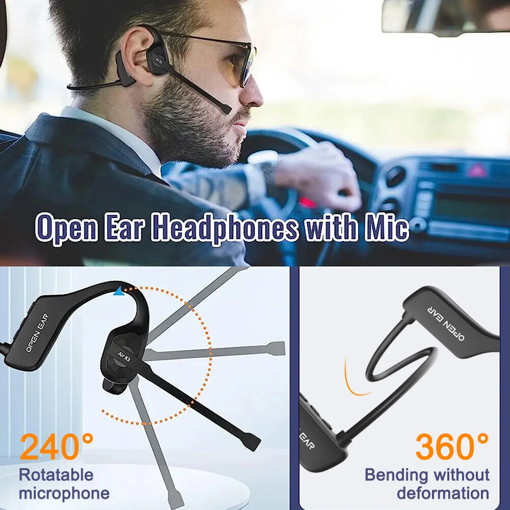 New Open Ear Headset Bluetooth 5.3 Wireless Headphones Call Center with Noise Cancelling Microphone Adjustable Volume Control