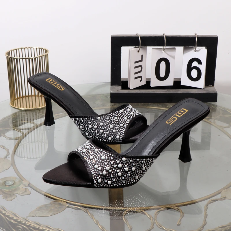 

Pointed high heeled slippers 2024 summer fishmouth rhinestone heeled shoes satin fashion dress banquet luxurious women's shoes