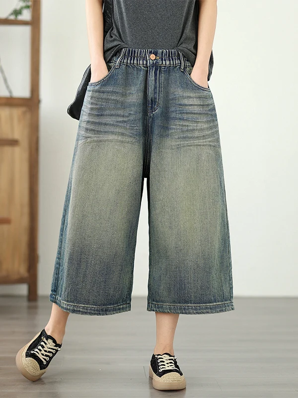 

Свободные повседневные широкие джинсы, женские летние джинсовые брюки больших размеров с эластичной резинкой на талии, удобные дышащие повседневные брюки