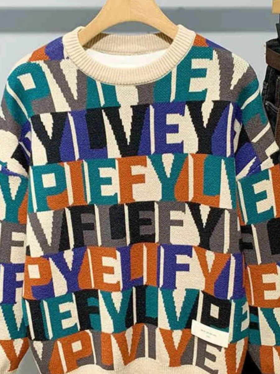 

Модный мужской вязаный свитер с цветными блоками и надписями, свободный крой, круглый вырез, длинный рукав, пуловер в корейском стиле, осень-зима, новинка