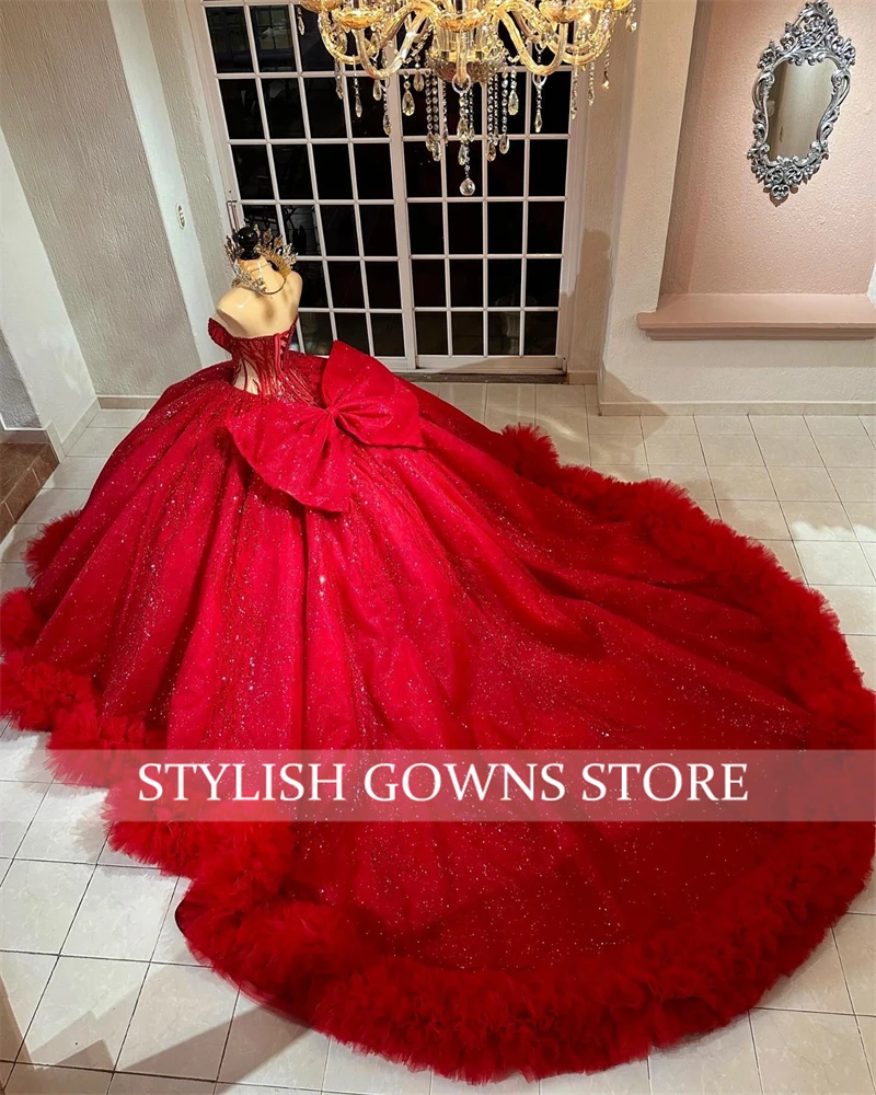 Red Sweetheart Bow Quinceanera Dresses For Black Girl Bead Appliques 2024 Birthday Luxury Dress Ruffles Sweet 16 Customized