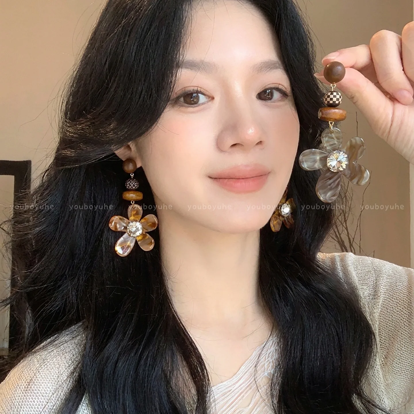 Charming Translucent Flower Pendant Drop Earrings Checkerboard Bead Dangle Earring Gentle Chic Daily Styling Jewelry Gift