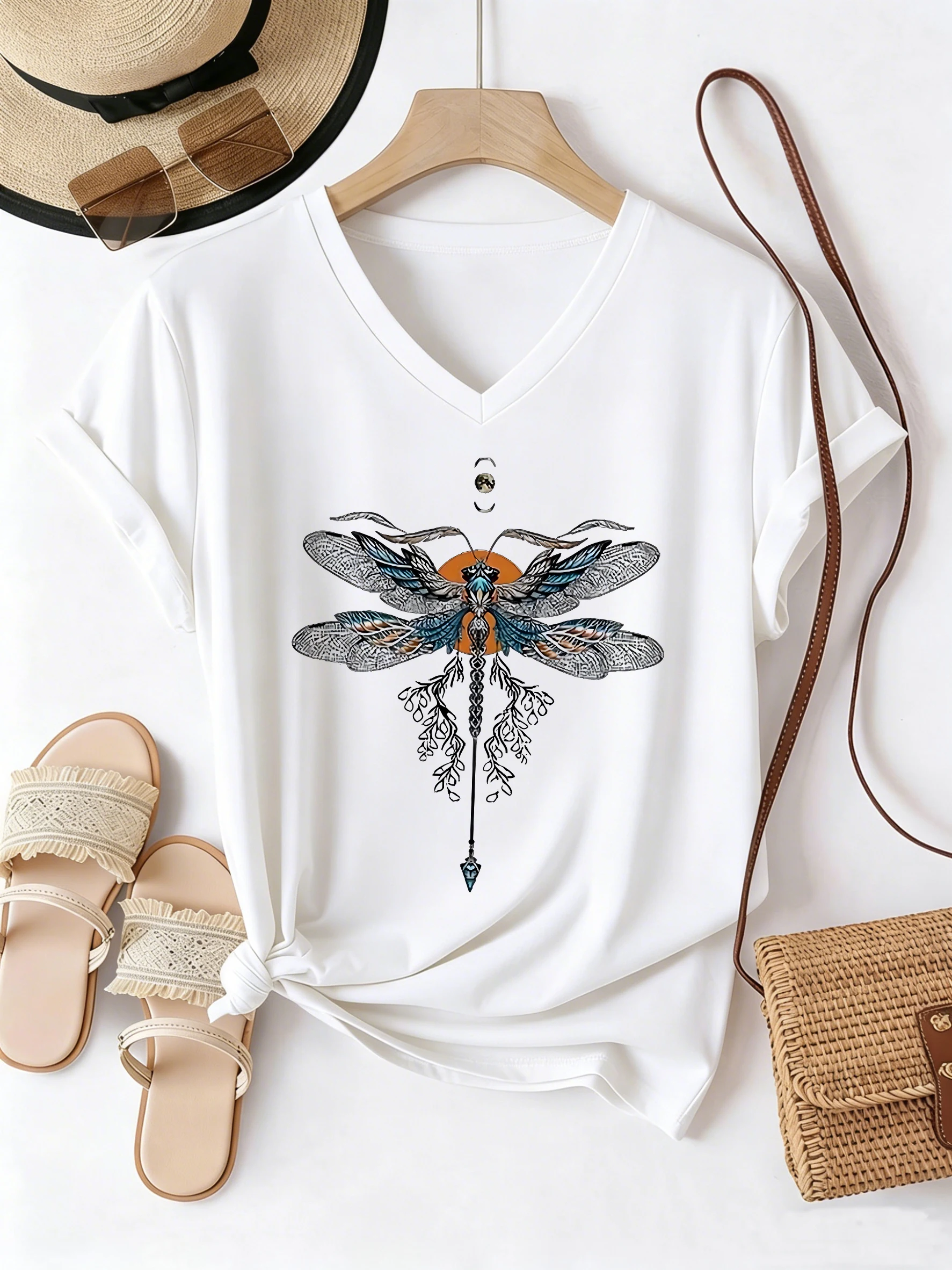 90er Jahre T-Shirt mit V-Ausschnitt, Lässige Mode, Y2K Schmetterling Vintage Bedruckte T-Shirts für Damen, Kurzarm Tee-Shirt mit V-Ausschnitt für Sommer und Frühling