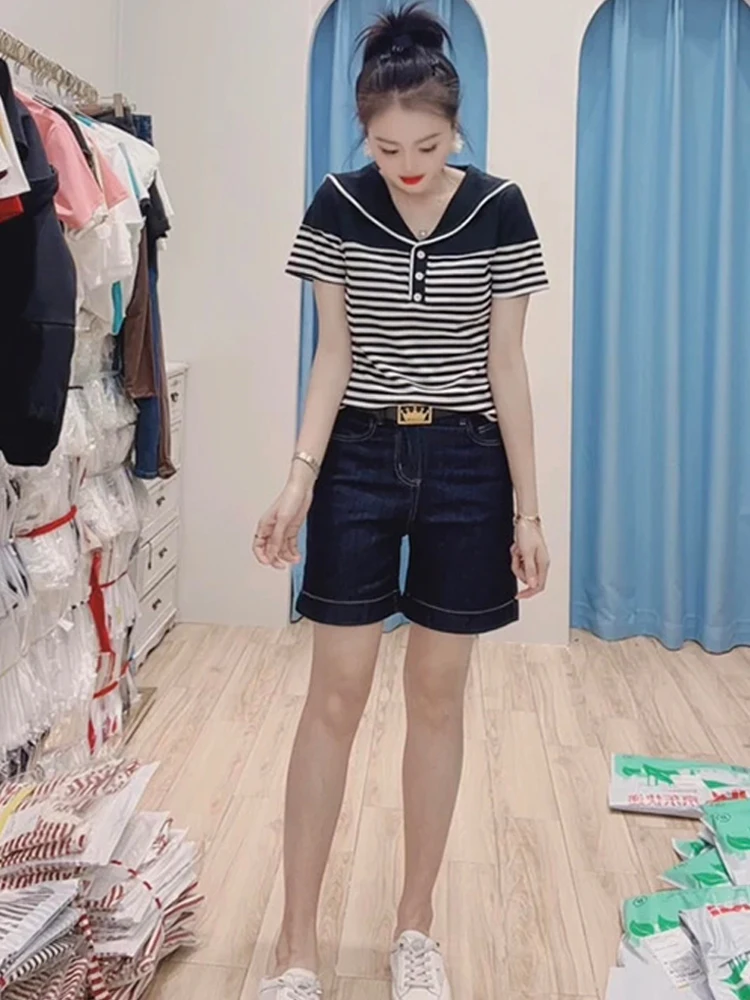 Elegancki granatowy kołnierzyk w paski, krótki top damski na lato, nowy, wyszczuplający, w stylu koreańskim, do pracy, wzór.