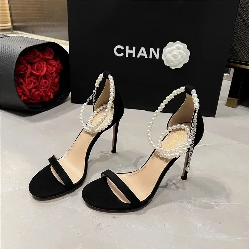 Summer Black Sexy High Heel Sandals Versatile Thin Heel Open Toe Pearl Stripe High Heel Shoes