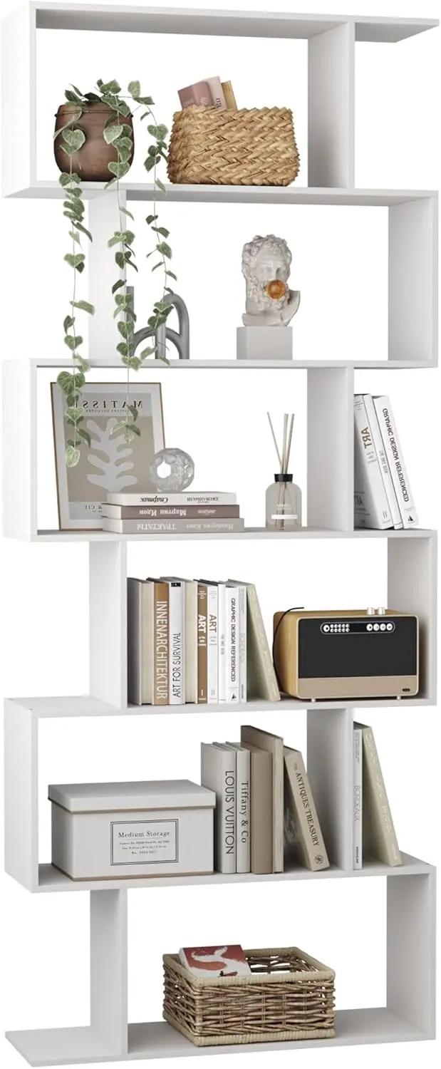 

Modern Geometric 6-Tier Bookshelf, White Display Case with S-Shape Design for Home Decor and Storage