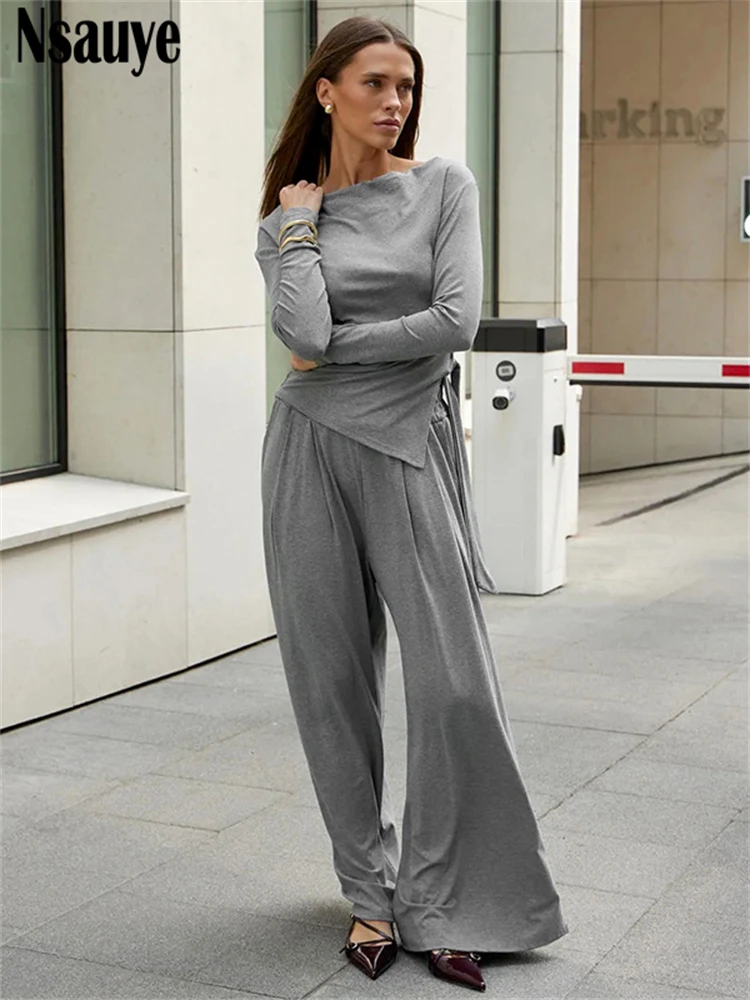 

Nsauye женские однотонные повседневные брюки, комплект с разрезом на шее, топы с длинными рукавами и спортивные широкие брюки с высокой талией, элегантный наряд 2025