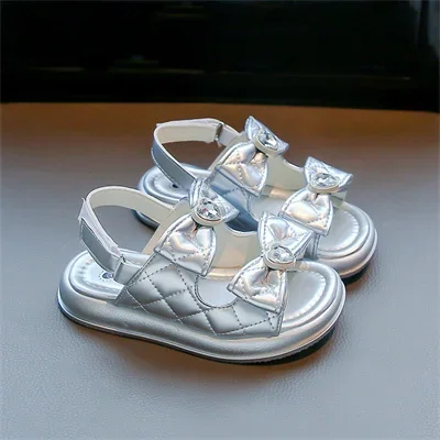 Children\'s Rhinestone Bow Non-slip Soft Soled Open Toe Princess Sandals Girls 2024 Summer New Fashion Temperament Sandals