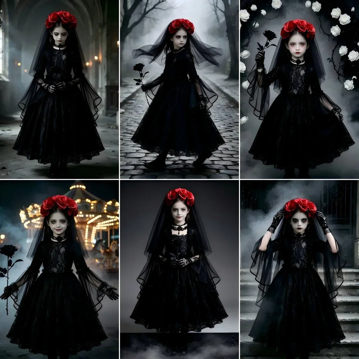 Dunkles Gothic-Cosplay-Kleid für Mädchen, Kinder-Halloween-Kostüm mit Hörnern und Flügeln, Accessoires für Party, Bühnenauftritt, Verkleidung – Detail 12