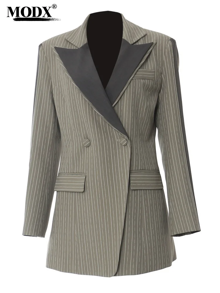 [MODX]  Green Striped Color-block Elegant Blazer Women New Lapel Long Sleeve Jacket Fashion Tide Spring Autumn 2024