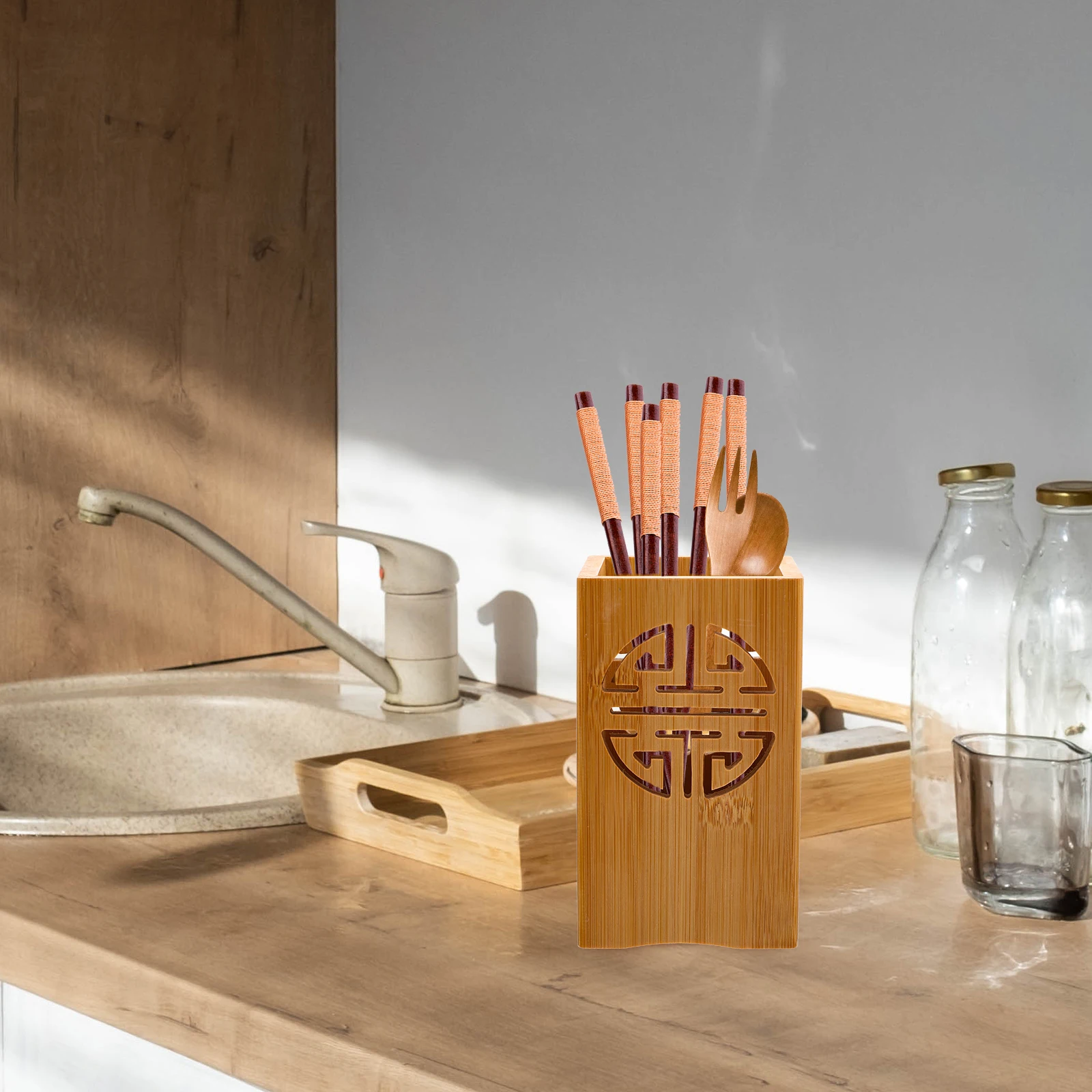 

Bamboo Kitchen Utensil Holder Chopstick Draining Box Cutlery Organizer Spoon Holder Counter Drying Container Utensil Holders