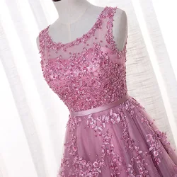 Tulle Long Prom Dresses 2024 New Arrival Pearls Lace Applique A-Line Scoop Neck Backless Special Occasion Evening Party Gown