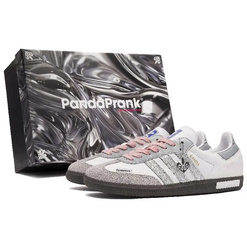 【ปรับแต่ง】Adidas Originals SAMBA OG รองเท้าสเก็ตบอร์ด Unisex Low-Top สีขาวสีเทา/สีชมพูรองเท้าผ้าใบรองเท้า B75806