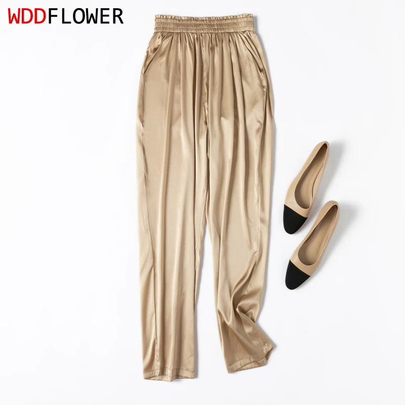 

Women Pants 93% Mulberry Silk 7% Spandex Champagne With Pocket Long Pants Elastic-Waist Elegant Chic Trousers Harem Pants M1187