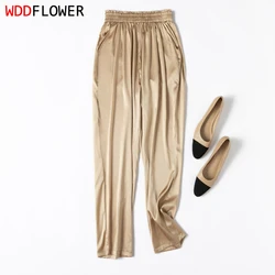 Women Pants 93% Mulberry Silk 7% Spandex Champagne With Pocket Long Pants Elastic-Waist Elegant Chic Trousers Harem Pants M1187