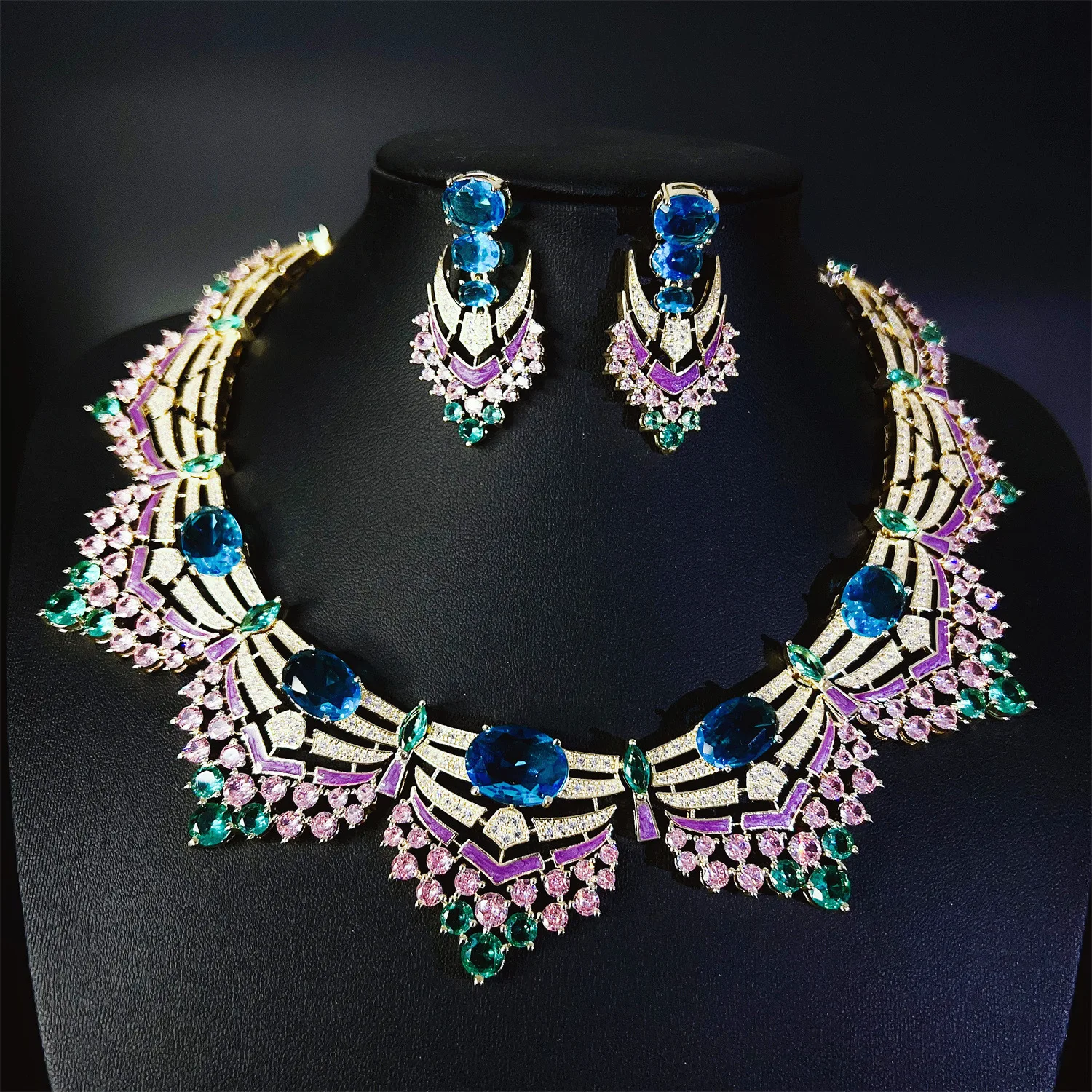 Light Luxury Colorful Jewelry Necklace Earrings High Stunning Women's Accessories Set Bridal Wedding Holiday Party Gift M-968