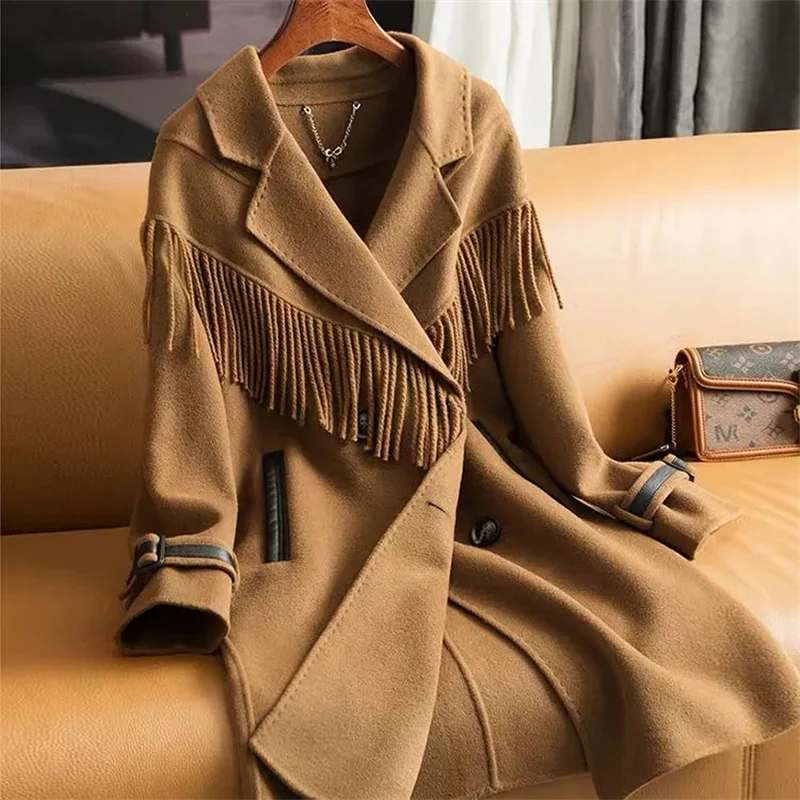 

Winter Warm Double-sided Wool Coat Women Tassels Fashion Mid Length Double-breasted Solid Jacket Female Casual Thicken Outwear