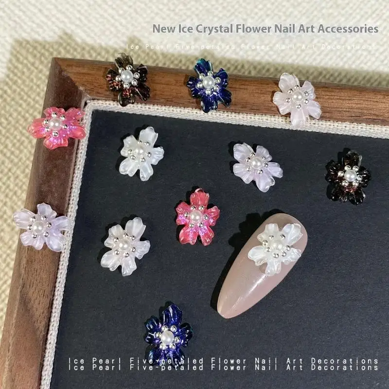 

20Pcs Nail Charms Ice Translucent Pearl Five Petaled Flowers Nail Decorations Rhinestones Accessories