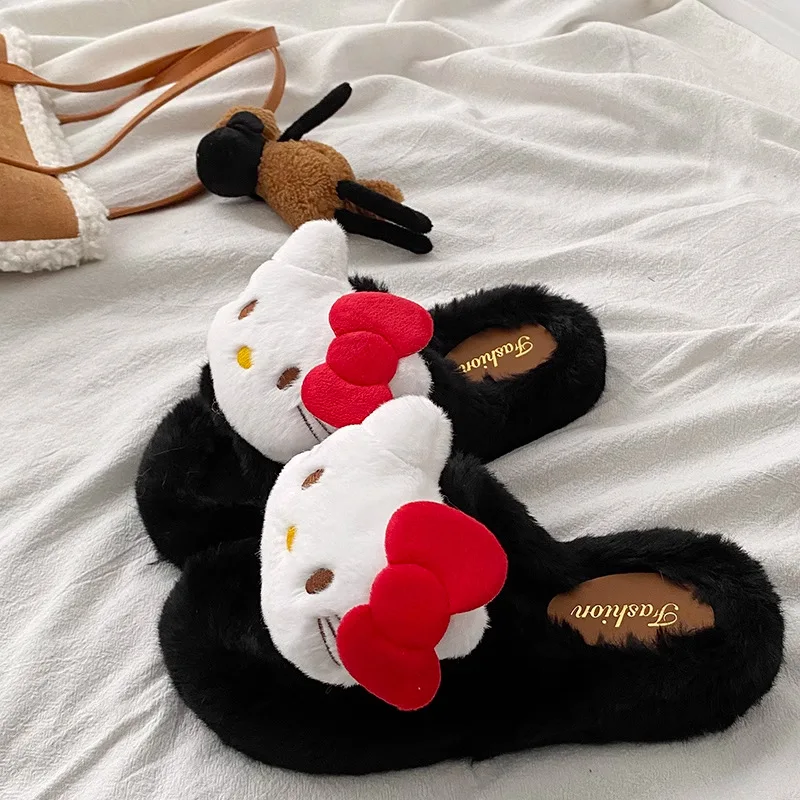 الكرتون مرحبا كيتي الإناث نعال من القطن لطيف الدافئة سميكة وحيد أحذية الخريف الشتاء داخلي المضادة للانزلاق مقاومة للاهتراء مريحة