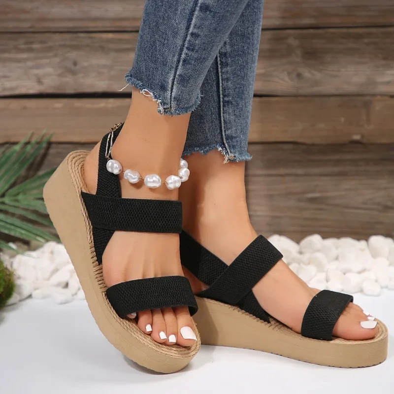 Damenmode Trend rutsch feste verschleiß feste reine schwarze Gürtel weiche Sohlen hochhackige Sandalen Schuhe für Frauen