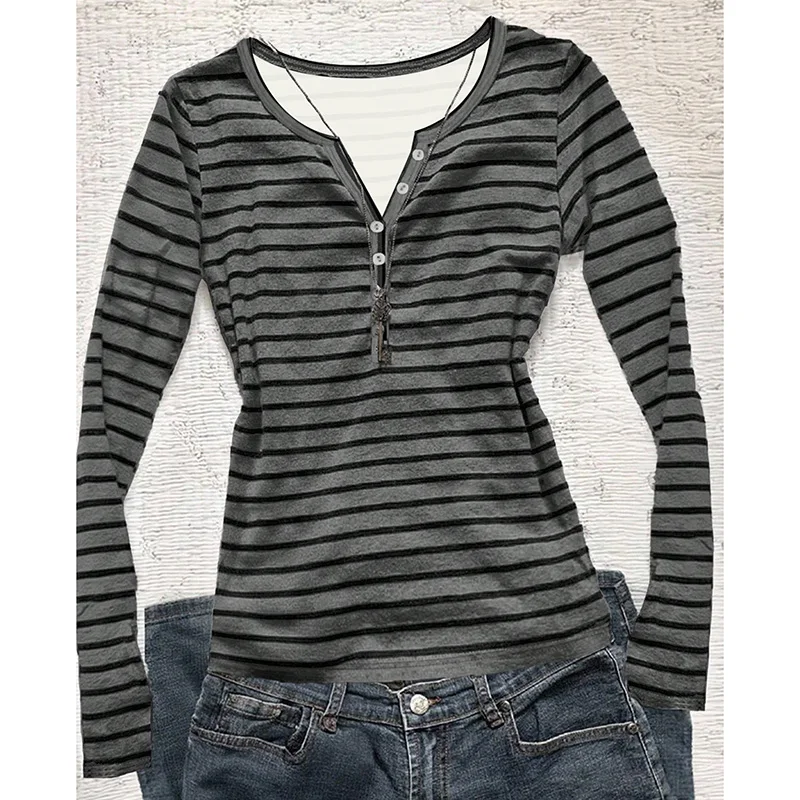 Striped Long Sleeve Top Women Korean Style Vintage Slim Fit Work Wear V Neck Button Autumn Winter Base Layer T-Shirt Y2K Tops