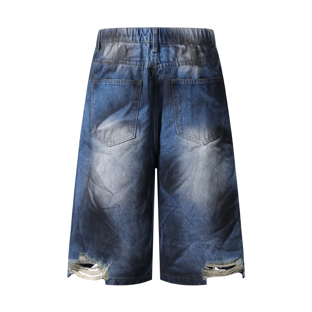 Men's Dirty Ripped Denim Shorts 2025 Summer Vintage Distressed Cropped Pant Harajuku Streetwear Cargo Short Pants Y2K Blue