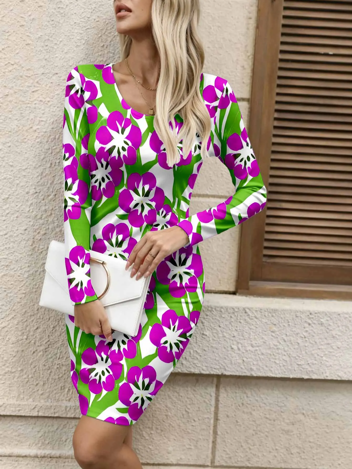 Commute-style figure-hugging dress with long sleeves, tailored to fit the body for a refined look